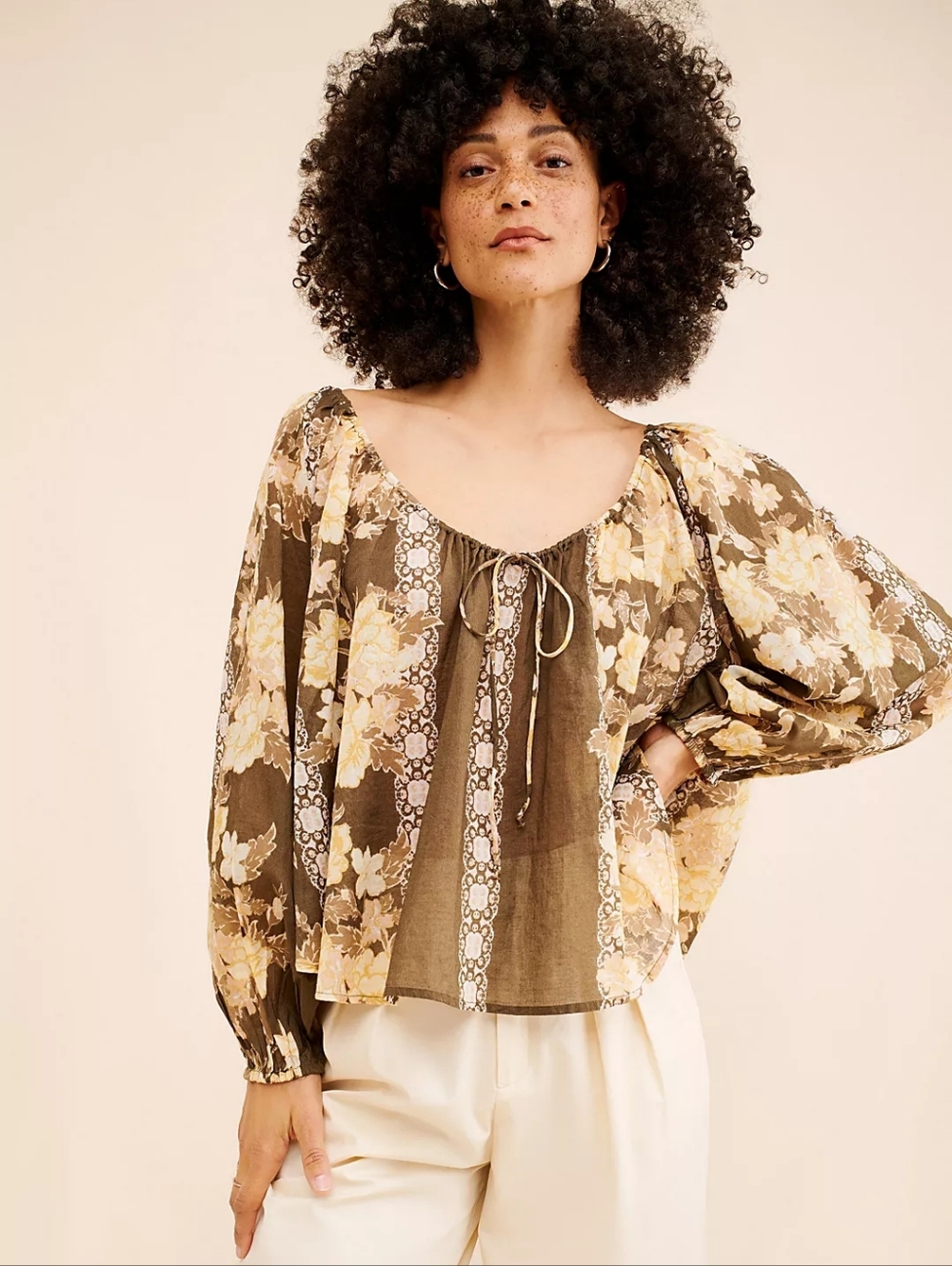 Free People Boho Floral Brown Yellow Elena Top, L - Picture 3 of 12